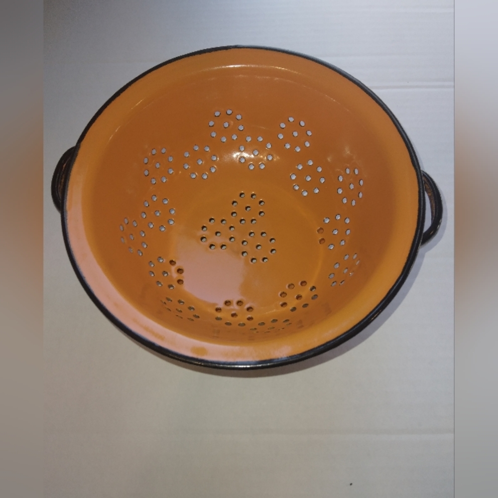 Huta Silesia orange enamelware cast iron colander